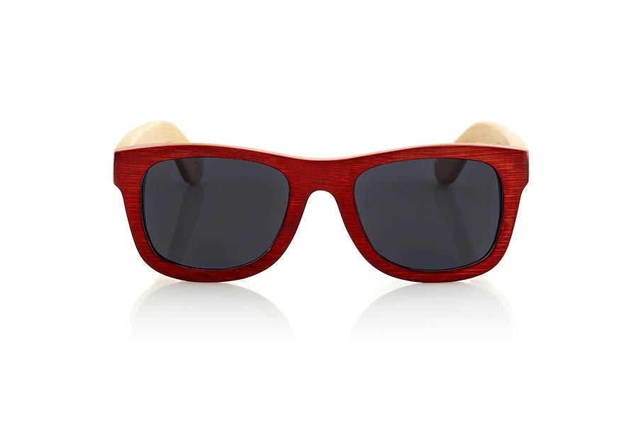 Wood eyewear of Bamboo VOLCANO. The Volcano sunglasses are made of Bamboo wood with the front in stained in red color and sideburns of natural bamboo. Front measssure: 147x50mm for Wholesale & Retail | Root Sunglasses® 