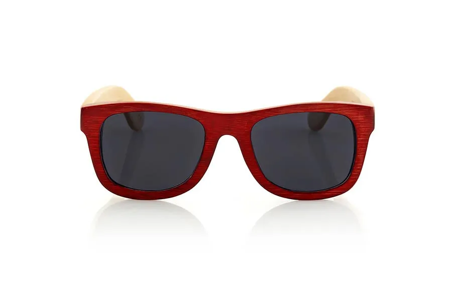 Wood eyewear of Bamboo VOLCANO. The Volcano sunglasses are made of Bamboo wood with the front in stained in red color and sideburns of natural bamboo. Front measssure: 147x50mm for Wholesale & Retail | Root Sunglasses® 