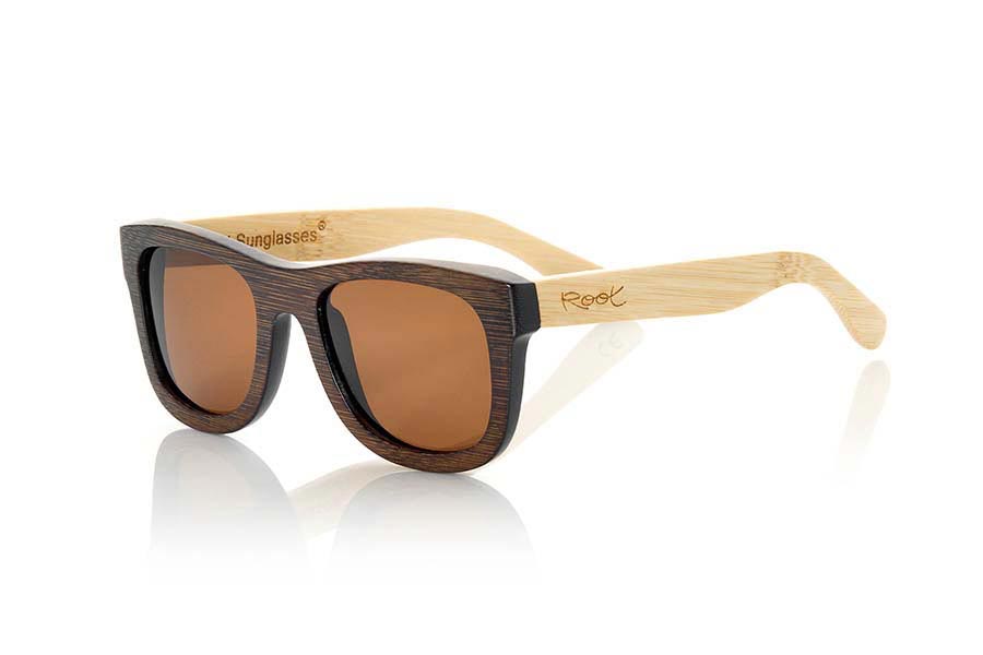 Wood eyewear of Bamboo WOODHEART. The sunglasses Woodheart are made of bamboo wood, with the front dyed  in brown tones and sideburns in natural bamboo color  where the wood grain is always present it is a classical frame standard size that feels good to both boys and girls.  Front measssure 147x50mm for Wholesale & Retail | Root Sunglasses® 