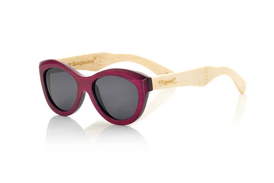 Wood eyewear of Bamboo MAHOGANY.  Mahogany wood Sunglasses are made by combining natural bamboo on pins and purple stained bamboo on the front: dyes reveal the grain of the wood. They have a size suitable for faces not too broad and very sexy ways that surprise, be seduced. Front Measure: 142x50mm for Wholesale & Retail | Root Sunglasses® 