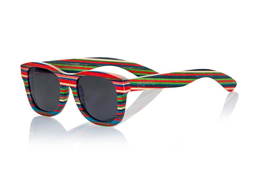 Wood eyewear of Skateboard SABAY. Sunglasses Sabay are made of laminated 9 layers with a pattern of nine colored wood frame has a slightly smaller size than other similar models as the Amazonian or Volcano and are really good to almost everyone, the Sabay are a very special model that surprised friends and strangers. Now available in different lens combinations. Front Measure: 144x49mm for Wholesale & Retail | Root Sunglasses® 