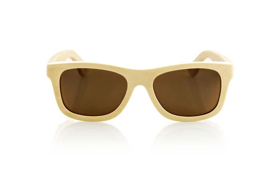 Wood eyewear of White Wood ZEN. Zen wood Sunglasses are made with very clear natural wood with a very soft and subtle fine sanding grain, they are light in both weight and shape, soft and light lines in an enigmatic model combined with brown lenses subtlety and lightness in equal parts. Front Measure: 144x47mm for Wholesale & Retail | Root Sunglasses® 