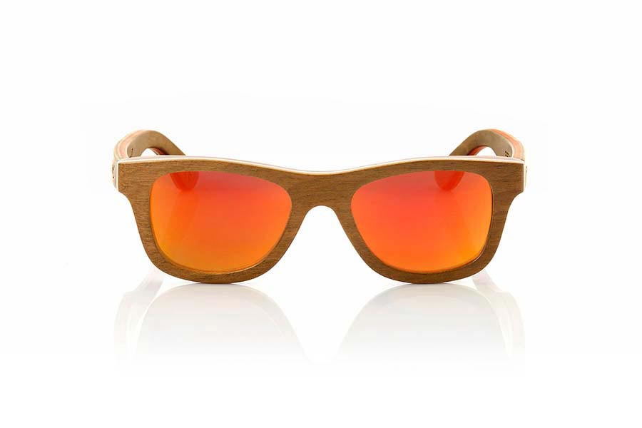 Wood eyewear of Skateboard FIRE. Fire sunglasses are made of maple wood laminate Skateboard pattern is composed of the front and light and dark brown tones with a red band on the sides and interior, combined with Red REVO lenses. It is a small size skateboard model aimed at girls though it is a unisex models. Front Size: 135x43mm for Wholesale & Retail | Root Sunglasses® 