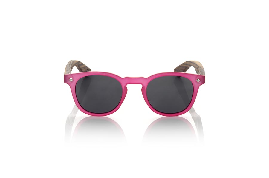 Wood eyewear of Zebrano KID R PINK. The Kid R Pink Children's sunglasses are made with the pink PC frame and natural zebra wood sideburns available in various lens combinations that suit the tastes of children and their daddies. Frontal measurement: 125x41mm for Wholesale & Retail | Root Sunglasses® 