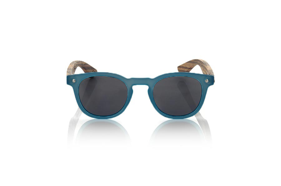 Wood eyewear of Zebrano KID R BLUE. The Kid R BLUE Children's sunglasses are made with the BLUE PC frame and natural zebra wood sideburns available in various lens combinations that suit the tastes of children and their daddies. Frontal measurement: 125x41mm for Wholesale & Retail | Root Sunglasses® 
