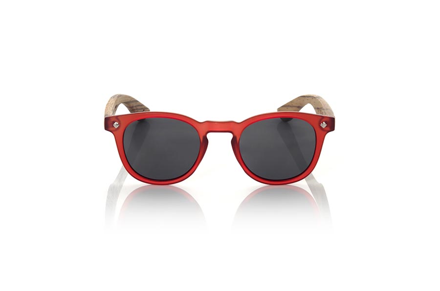 Wood eyewear of Zebrano KID R RED. The Kid R Red Children's sunglasses are made with the Red PC frame and natural zebra wood sideburns available in various lens combinations that suit the tastes of children and their daddies. Frontal measurement: 125x41mm for Wholesale & Retail | Root Sunglasses® 