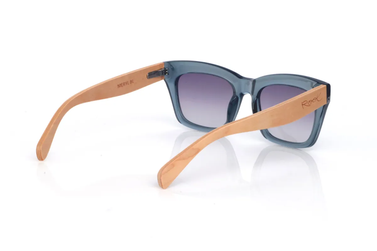 Wood eyewear of Maple MERYL DS. The MERYL wooden sunglasses stand out for their translucent blue-grey front, with an oversized square silhouette and a subtle cat-eye touch that feels flattering and full of presence. The shape is clean and modern, with a balanced thickness that frames the lenses nicely without looking heavy.

The soft gradient lenses complete the look, while the maple wood temples add a natural, light contrast and a comfortable feel for everyday wear.

Dimensions: 145x50 mm
Calibre: 51
 for Wholesale & Retail | Root Sunglasses® 