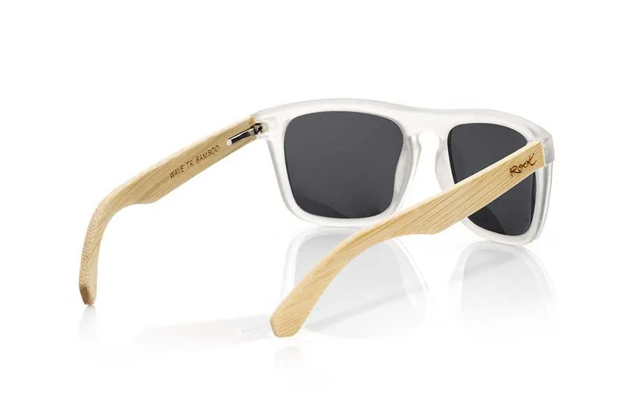 Wood eyewear of Bamboo WAVE TR. WAVE TR sunglasses are made of transparent white plastic front and sideburns in bamboo, it's a very masculine agunloso square model with a look at the famous okley combined with four colors of lenses that will adapt perfectly to your taste and to your modern style. Front size: 145X50mm for Wholesale & Retail | Root Sunglasses® 