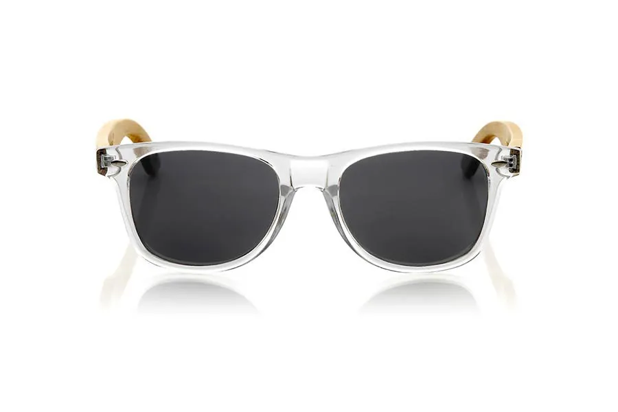 Wood eyewear of Bamboo CANDY TR. Candy TR sunglasses are made with synthetic transparent front and sideburns in natural bamboo combined with four lens colors that will adapt perfectly to your taste and your modern style. Front Measure: 148x50mm for Wholesale & Retail | Root Sunglasses® 