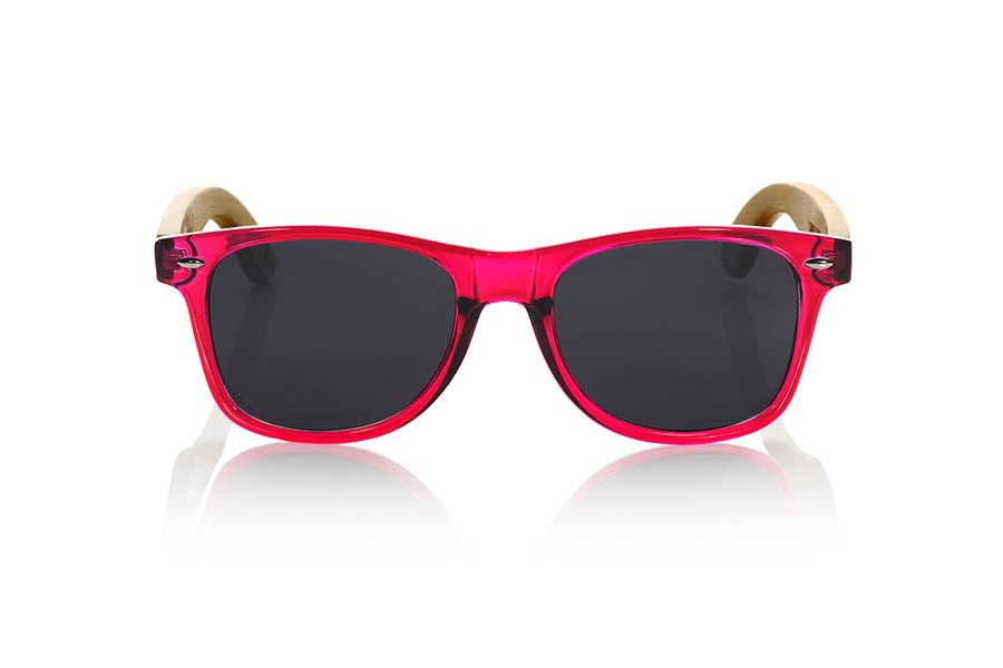 Wood eyewear of Bamboo CANDY PINK. Candy Green sunglasses are made with synthetic dark red transparent front and sideburns in natural bamboo combined with four lens colors that will adapt perfectly to your taste and your modern style. Front Measure: 148x50mm for Wholesale & Retail | Root Sunglasses® 