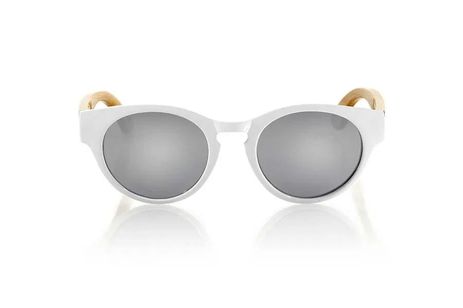 Wood eyewear of Bamboo GUM WHITE. Gum White sunglasses are made with sinthetic White shine front and sideburns in natural bamboo combined with four lens colors that will adapt perfectly to your taste and your modern style. It is a rounded frame unisex standard size easy to carry. Front Measure: 148x50mm for Wholesale & Retail | Root Sunglasses® 