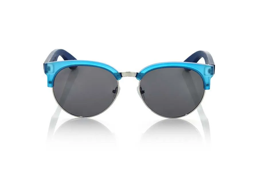 Wood eyewear of  DUNE BLUE. DUNE BLUE sunglasses are made with the front of transparent matte blue synthetic material and sideburns in natural bamboo blue stained, with open front, metal bridge and adjustable nose pads combined with four colors of lenses that will adapt perfectly to your taste and to your modern style. Front size: 139X49mm for Wholesale & Retail | Root Sunglasses® 