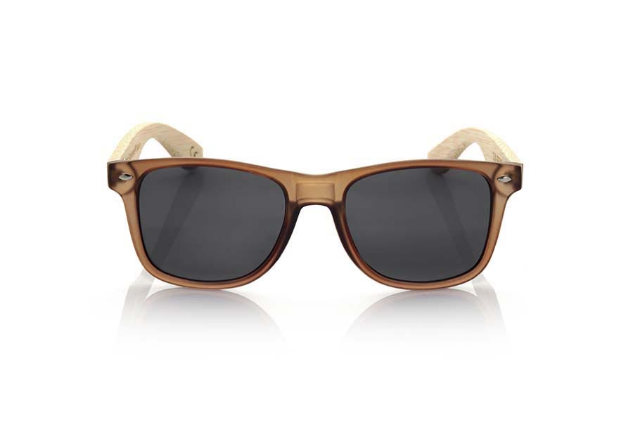 Wood eyewear of Bamboo SUN BROWN MX. SUN BROWN MX sunglasses are manufactured with the front matte transparent Brown plastic and natural bamboo wood pins combined with four colors of lenses that allow you to adapt to your style. Front size: 145x48mm for Wholesale & Retail | Root Sunglasses® 