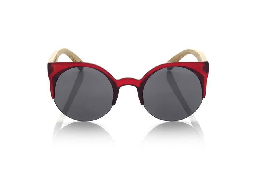 Wood eyewear of Bamboo CAT RED. CAT RED sunglasses are made of synthetic material color transparent red carey matte front and sideburns in natural bamboo wood, it's a round open model with straight eyebrow more aimed at a female audience combined with four colors of lenses. Front size: 135X53mm for Wholesale & Retail | Root Sunglasses® 