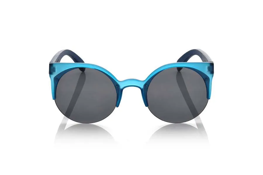 Wood eyewear of Bamboo CAT BLUE. CAT BLUE sunglasses are made of synthetic material blue transparent Matt front and sideburns in tinted bamboo wood, it's an open round model with straight eyebrow more aimed at a female audience combined with four colors of lenses. Front size: 135X53mm for Wholesale & Retail | Root Sunglasses® 