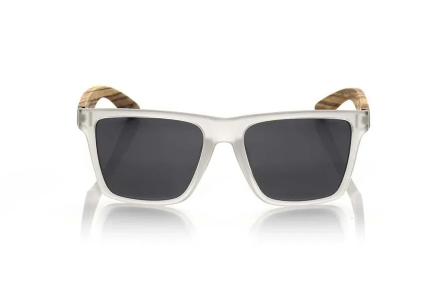 Wood eyewear of Zebrano RUN TR. RUN TR sunglasses are made of transparent matte plastic front and ZEBRA wood pins, it's a very male angled square model with a look at the famous okley combined with four colors of lenses that will adapt perfectly to your taste and to your modern style. Front size: 144X51mm for Wholesale & Retail | Root Sunglasses® 
