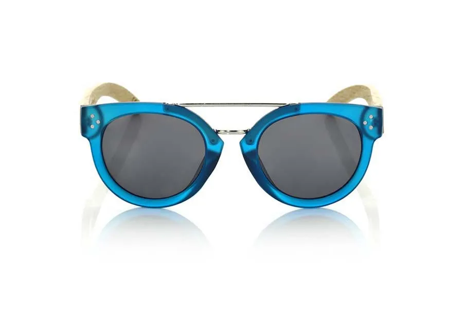 Wood eyewear of  ISLAND BLUE. ISLAND BLUE sunglasses are made with the front of transparent matte blue synthetic material and sideburns in wood of natural duwood of front thickness, attached by a metallic bridge metallic trim in eyebrow combined with four colors of lenses that will adapt perfectly to your taste and to your modern style. Front size: 137X50mm for Wholesale & Retail | Root Sunglasses® 