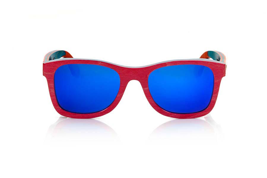 Wood eyewear of Skateboard PINKY. Pinky sunglasses are made of laminated maple wood skateboard of 5 layers in a pattern of colors. The front is pink vintage style and the internal combines red and blue . The lens mount is combined with Red REVO or Blue REVO and feel very well and that size is somewhat smaller than other models skateboard. Dimensions: 143x50mm for Wholesale & Retail | Root Sunglasses® 