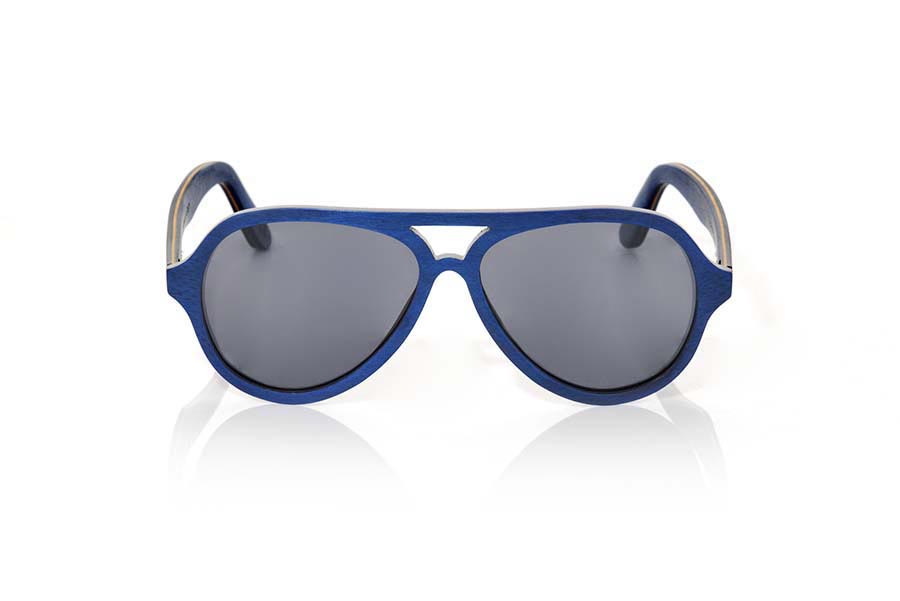 Wood eyewear of Skateboard FLYER. TheFLYER sunglasses are manufactured in wood laminated of Maple skateboard each an of the different sheets that make up its structure have been stained in different colors. The front of this glass is presented in shades of blue navy and interior in a yellow egg, rounded tone reminiscent of the famous Aviator, design model defortivo and elegant, is suitable for all kinds of people of both sexes.  Sideburns are very thin and are presented in shades of navy both inside and on the outside by inserting a blade in shades of yellow egg in the intermediate zone. You will like the lightness of this glass, shape, resistance and the combination of colors. Front size: 145x52mm for Wholesale & Retail | Root Sunglasses® 