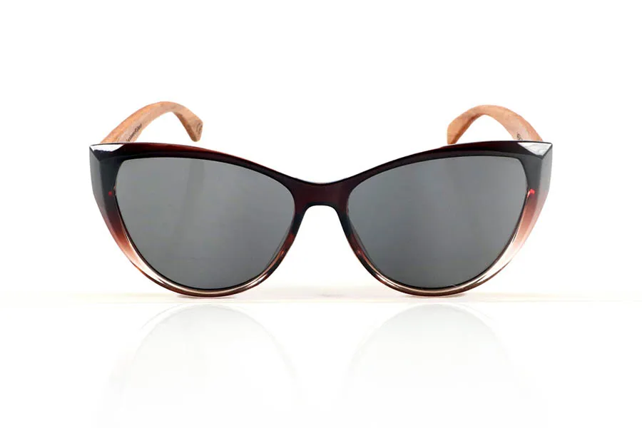 Gafas de Madera Natural de Zebrano MERY. MERY Gafas de sol con patillas de madera maciza de zebrano y frontal bicolor en acabado brillante, con tono marrón oscuro en la parte superior y degradado más claro en la parte inferior. Su silueta envolvente y femenina ofrece una excelente cobertura visual, combinando elegancia y comodidad. Ligeras, con lentes polarizadas y protección UV. Medidas: 148x49 mm. Calibre 56. Venta al Por Mayor y Detalle | Root Sunglasses® 