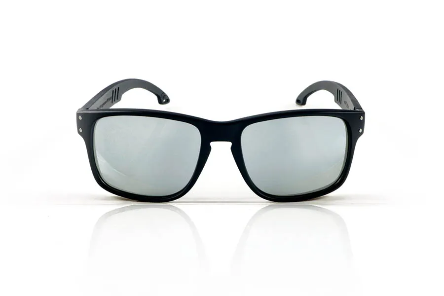 Wood eyewear of Ebony MATT. MATT Sunglasses with solid ebony wood temples and decorative temple. The matte black front features two metal dots on each side, reinforcing its modern and distinctive style. The die-cut temples add a distinctive touch. A robust, comfortable, and stylish model, equipped with blue mirror polarized lenses and UV protection. Measurements: 146 x 48 mm. Lens width: 55 mm. for Wholesale & Retail | Root Sunglasses® 